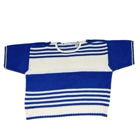 VINTAGE CHAUS Blue White Short Sleeve Sweater Knit Top Women's Size L - Picture 5 of 16